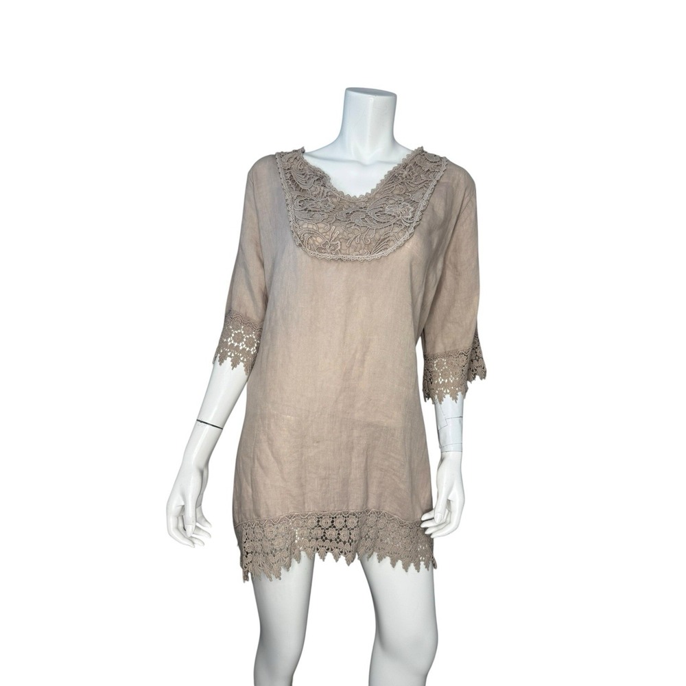 Linen Mini Dress Size XS Lace Trim Beige Neutral Boho Made in Italy NWT